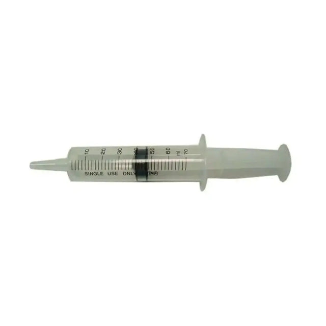 Clear disposable syringe 70ml with black markings and single use only label ideal for sterile syringe and horse care