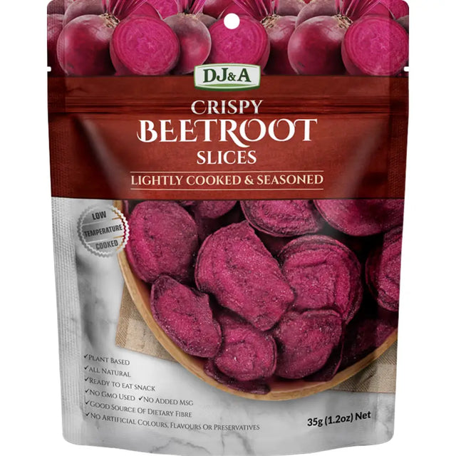 A bag of dj&a crispy beetroot slices with vibrant purple thinly sliced lightly cooked and seasoned snacks in a resealable pouch