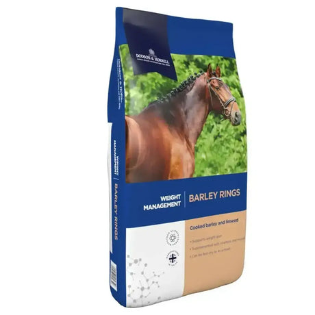 Blue and beige dodson and horrell barley rings horse feed bag for complementary feedingstuff and weight management