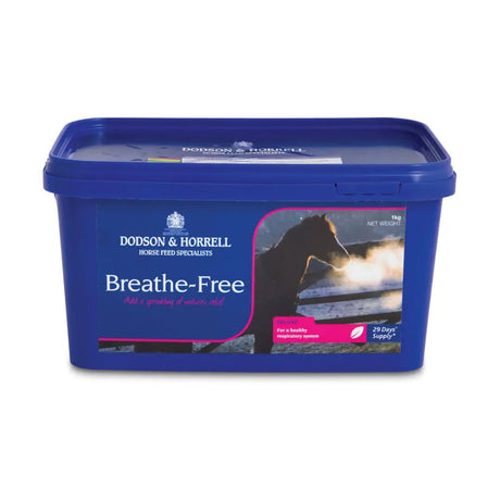 Blue plastic container of dodson & horrell breathe-free horse feed supplement for equestrian nutritional maintenance