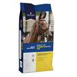 Brown horse with bridle on blue and yellow dodson and horrell build up conditioning mix bag for equestrian horses