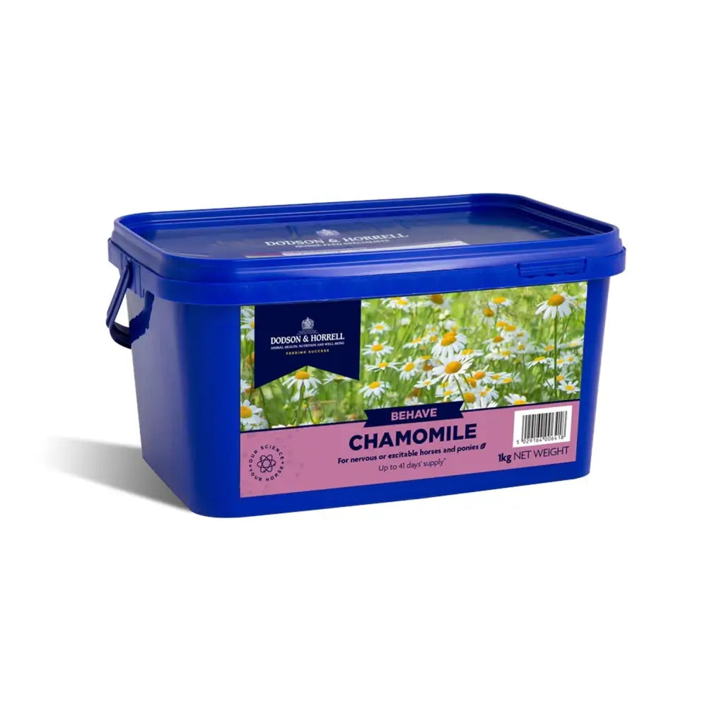 Blue dodson & horrell plastic container with chamomile label to promote calm for horses