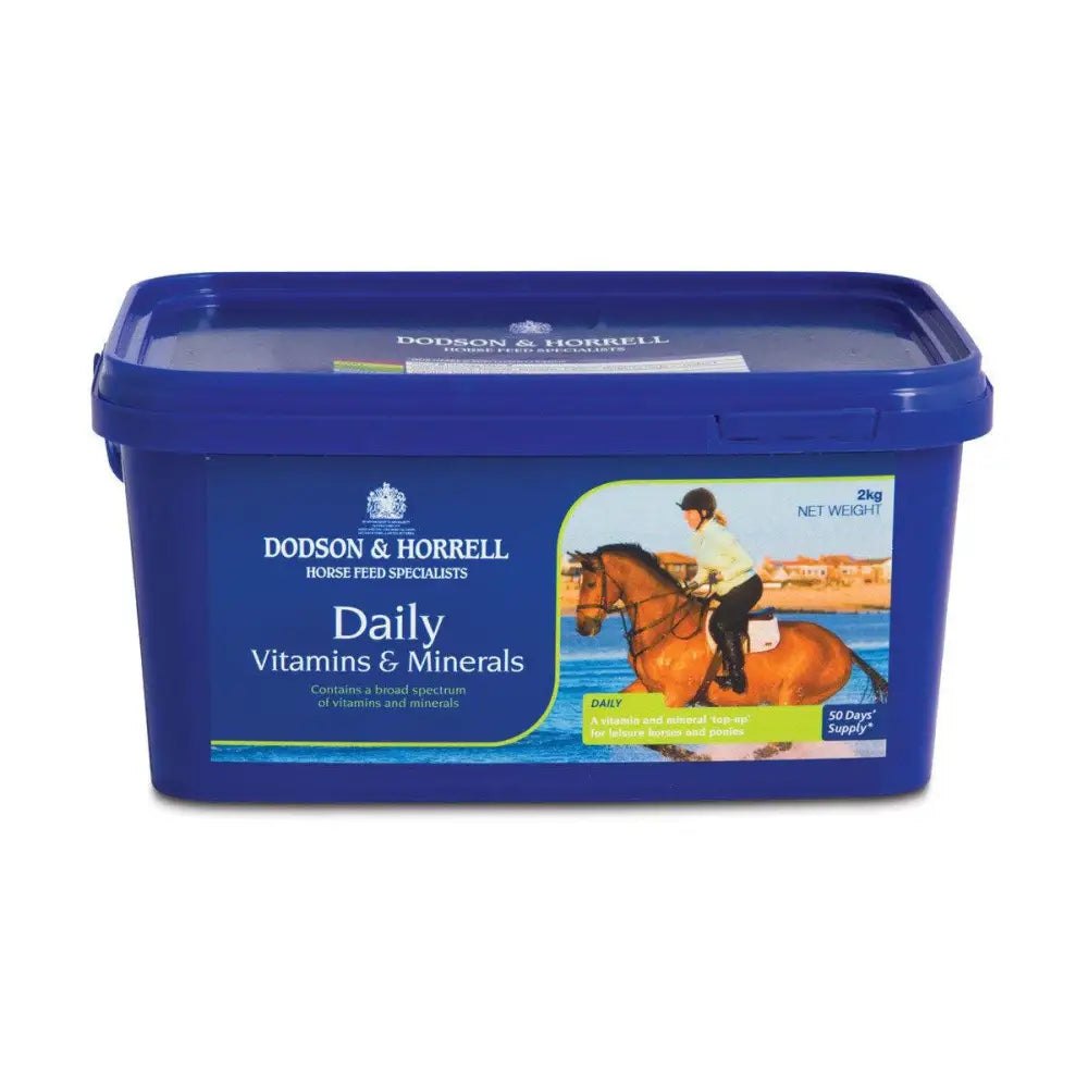 Blue plastic container of dodson & horrell daily vitamins & minerals general purpose supplement for horses 2kg