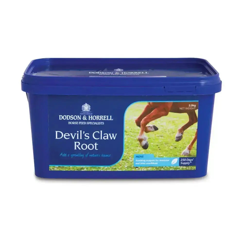 Blue plastic container of dodson and horrell devil’s claw root horse supplement with pure devil’s claw powder