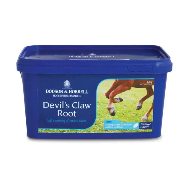 Blue plastic container of dodson and horrell devil’s claw root horse supplement with pure devil’s claw powder