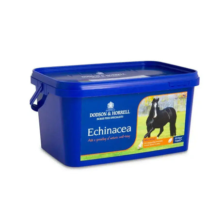 Blue plastic container of dodson & horrell echinacea supports immunity horse supplement with lid and handle