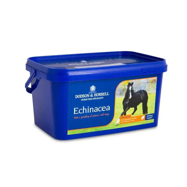 Blue plastic container of dodson & horrell echinacea supports immunity horse supplement with lid and handle