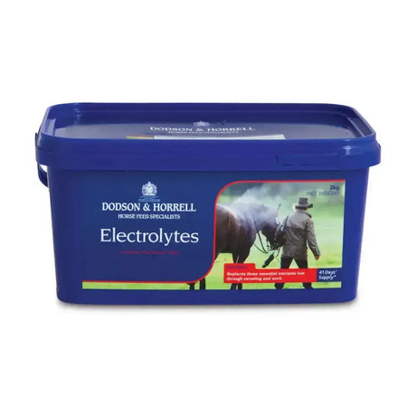 Blue plastic container of dodson & horrell electrolytes with electrolyte salts specifically designed for horses
