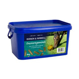 Blue plastic container of dodson and horrell encouragemints low starch horse treat ball for easy feeding