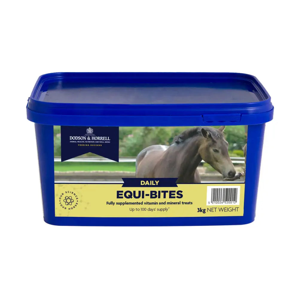 Blue dodson & horrell equi-bites plastic container with 3kg fully supplemented vitamin horse treats for leisure horses