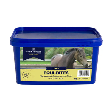 Blue dodson & horrell equi-bites plastic container with 3kg fully supplemented vitamin horse treats for leisure horses