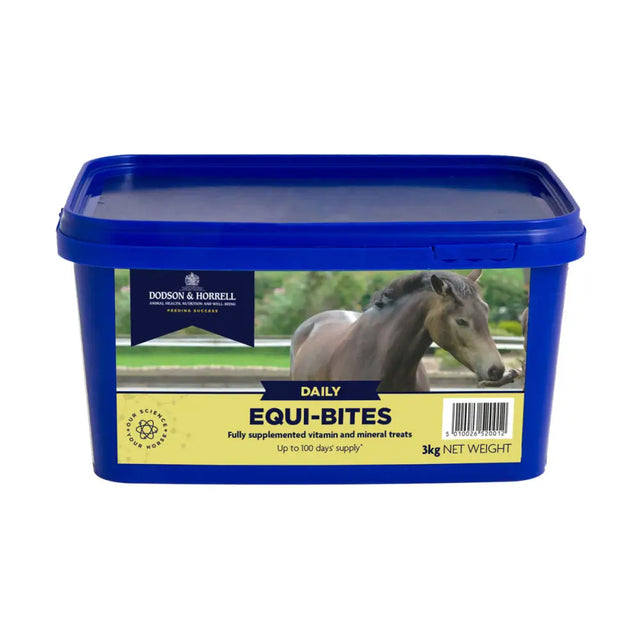 Blue dodson & horrell equi-bites plastic container with 3kg fully supplemented vitamin horse treats for leisure horses