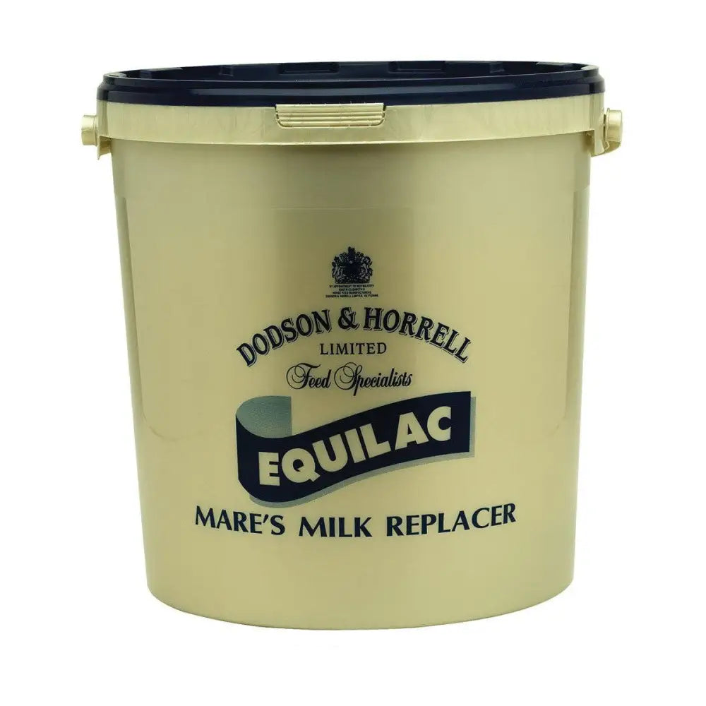 Cream-colored plastic bucket with navy blue lid labeled dodson & horrell equilac mare’s milk replacer for horse supplements