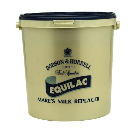 Cream-colored plastic bucket with navy blue lid labeled dodson & horrell equilac mare’s milk replacer for horse supplements