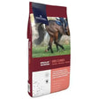 Maroon and white dodson & horrell ers cubes horse feed bag with a brown horse in motion on the front label