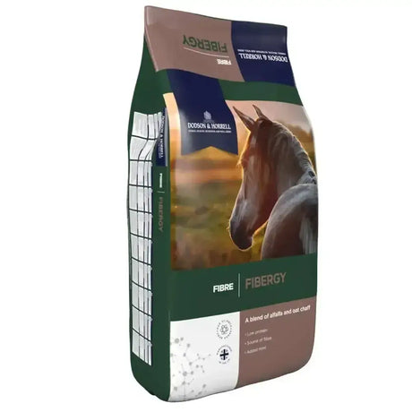 A brown and green bag of dodson and horrell fibergy horse feed with a light-colored horse portrait and low calorie blend