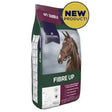 A brown horse with a bridle on the green and purple dodson & horrell fibre up bag for balanced conditioning fibre