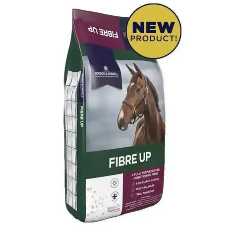 A brown horse with a bridle on the green and purple dodson & horrell fibre up bag for balanced conditioning fibre