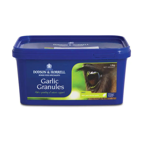 Blue plastic container of dodson & horrell garlic granules horse supplement with green label and horse eye image