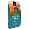 Teal and white dodson & horrell health mash bag with brown horse grazing at sunset for horse feeds