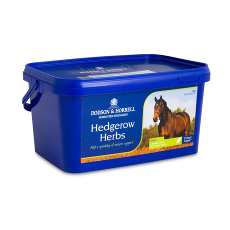 Blue plastic container of Dodson & Horrell hedgerow herbs horse feed for horse’s normal foraging needs