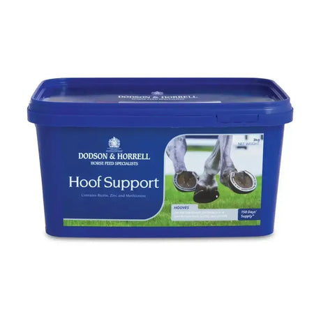 Blue plastic container of Dodson & Horrell hoof support alfalfa based supplement for horse hoof support