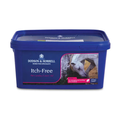 Blue plastic container of dodson and horrell itch free horse supplement for soothing and itch relief