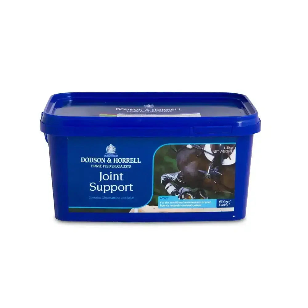 Blue plastic container of dodson & horrell joint support horse feed supplement for horse’s musculoskeletal health