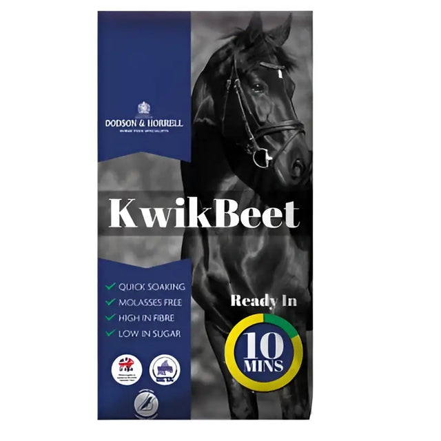 Black horse portrait on blue and grey dodson and horrell kwik beet 20 kg horse feed packaging