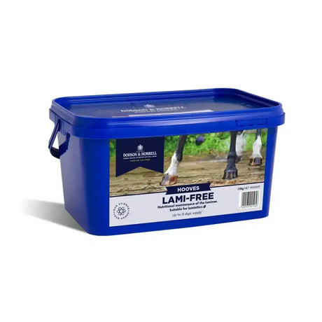 Blue plastic container of dodson & horrell horrell lami-free hoof supplement for lami-free nutritional maintenance