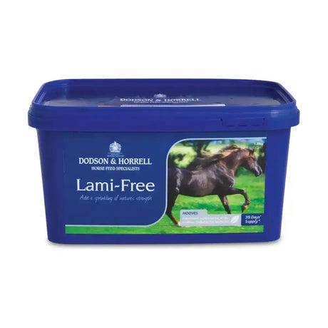 Blue plastic container of Dodson & Horrell Lami Free horse supplement for nutritional maintenance