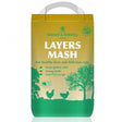 Yellow and green bag of dodson and horrell layers mash csr poultry feed with white handle 5 kg packaging