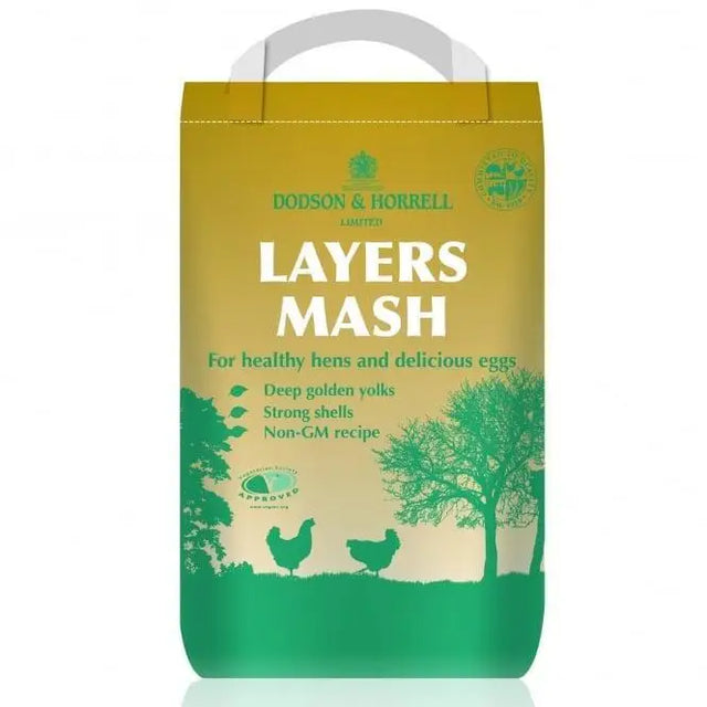 Yellow and green bag of dodson and horrell layers mash csr poultry feed with white handle 5 kg packaging