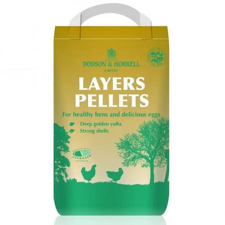 Yellow and green bag of dodson & horrell layers pellets csr 20 kg for hens feeding with horrell layers pellets