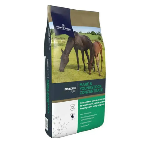 A brown and green bag of dodson & horrell nutritionally balanced muesli youngstock horse feed with mare and foal image