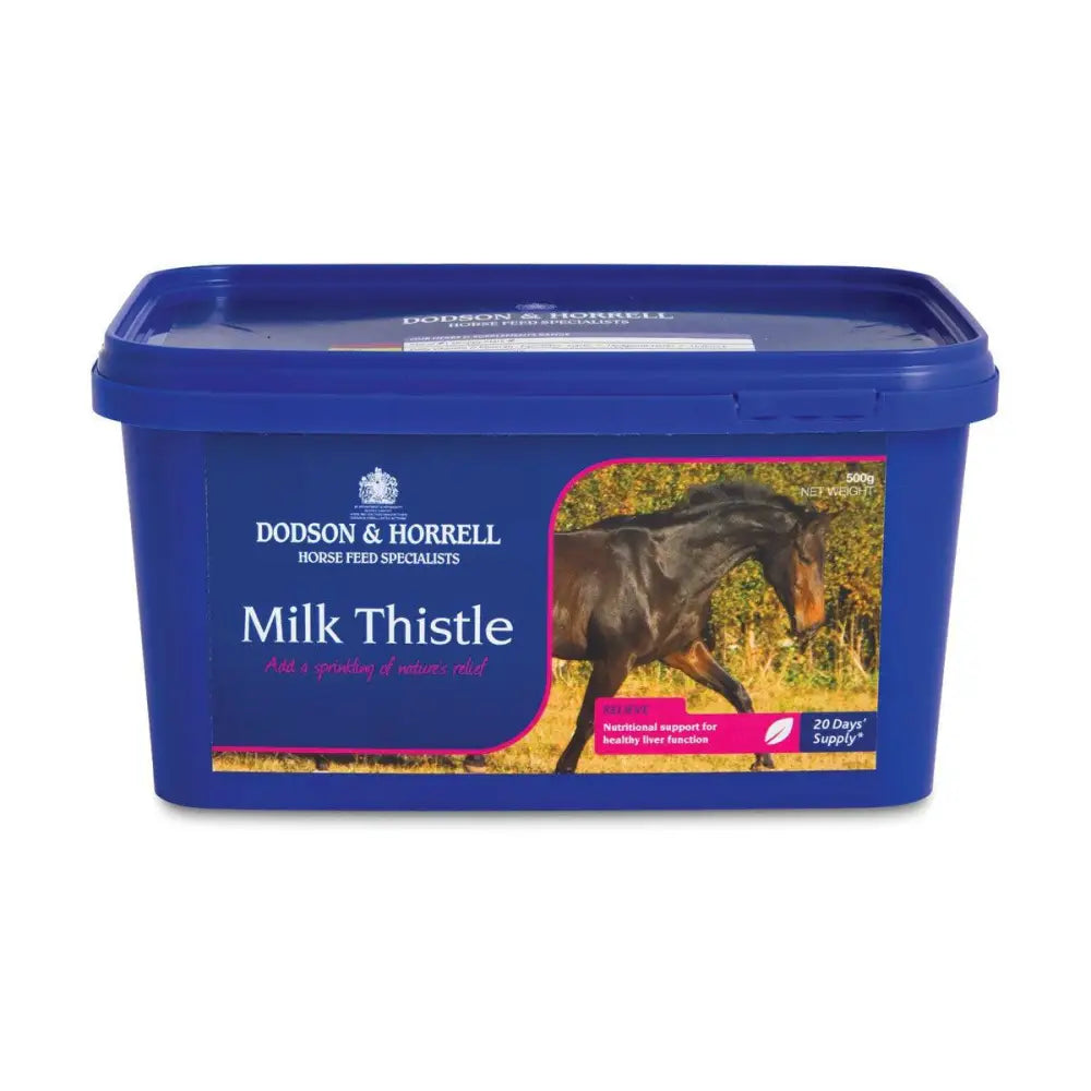 Blue plastic container of dodson & horrell horrell milk thistle horse supplement with milk thistle for liver support