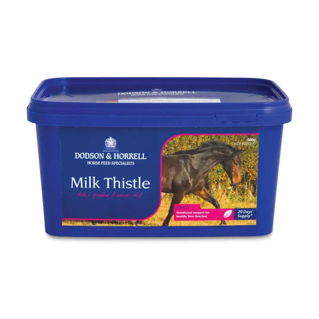 Blue plastic container of dodson & horrell horrell milk thistle horse supplement with milk thistle for liver support