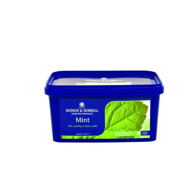 Blue plastic container of dodson & horrell mint horse feed for horrell mint soothing support