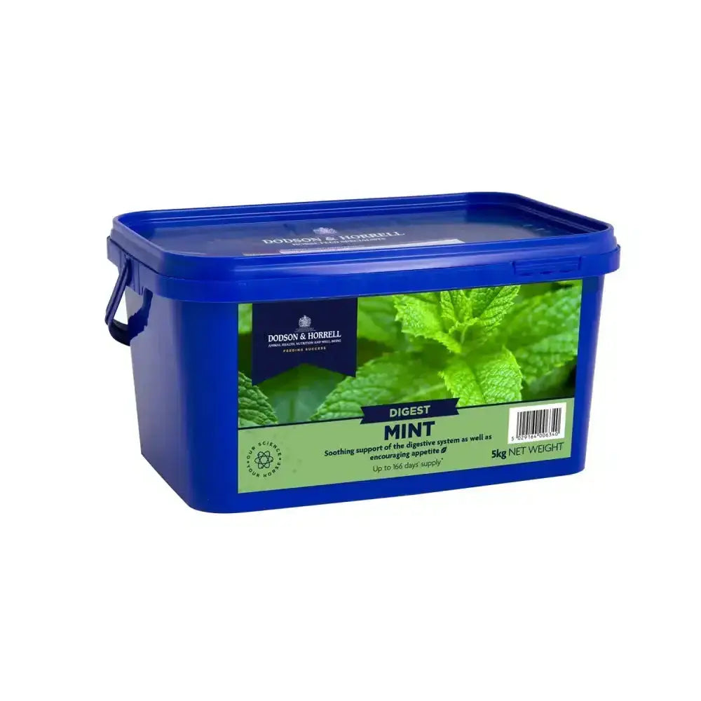 Blue plastic container of dodson & horrell mint soothing support with green label featuring mint leaves
