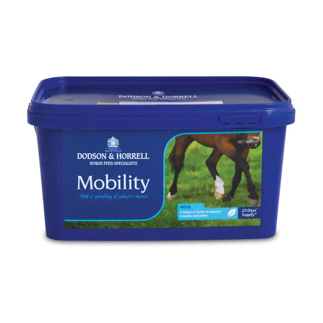 Blue plastic dodson and horrell mobility horse supplement container for nutritional maintenance of muscle and joints