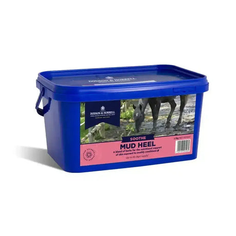 Blue plastic dodson & horrell mud heel container with lid and handle featuring soothe mud heel label and devil’s claw root