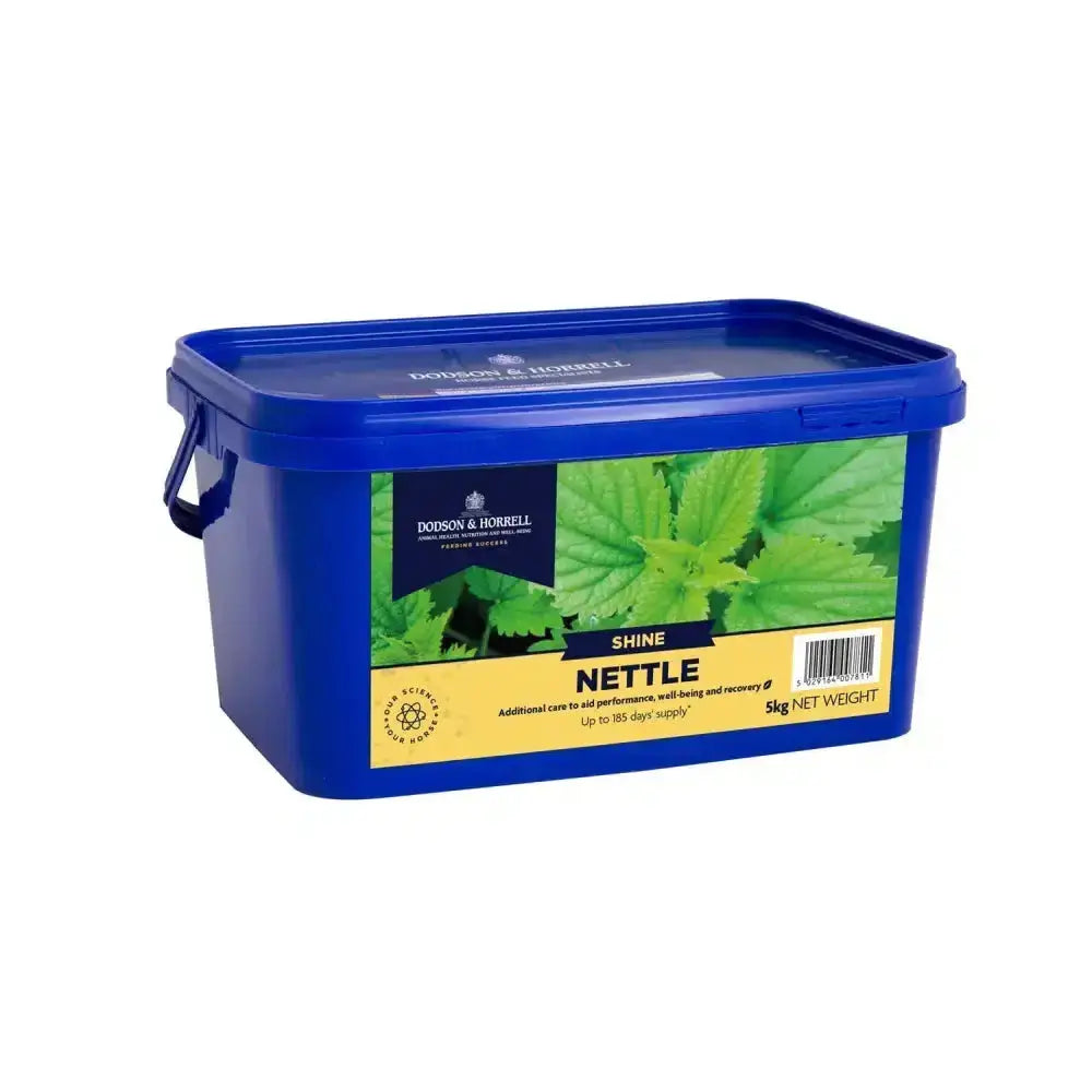 Blue plastic dodson & horrell nettle container with lid and handle for a naturally shiny coat
