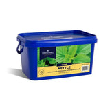 Blue plastic container with lid labeled dodson & horrell nettle for a naturally shiny coat with green nettle leaves