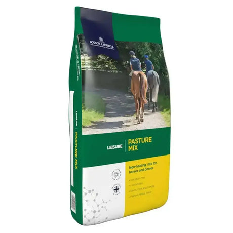 Green and yellow bag of dodson and horrell leisure pasture mix horse feed original oat free pasture mix horse