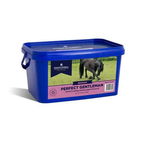 Blue plastic container with lid and handle labeled dodson & horrell perfect gentleman horse feed for geldings exhibiting riggish behaviour
