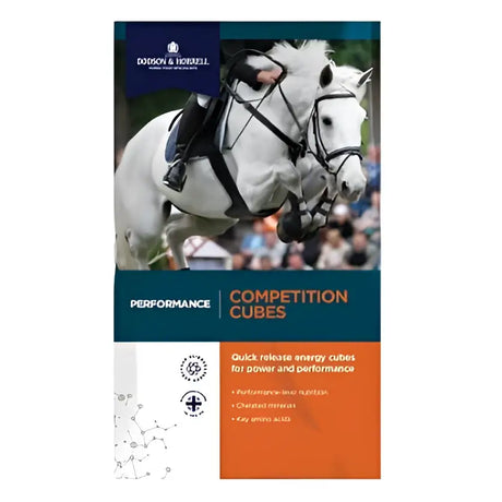 White horse mid-jump with black gear highlighting horrell perform competition cubes for top equine performance feeding