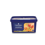 Blue plastic container of dodson & horrell rosehips horse feed providing natural immune support supplements