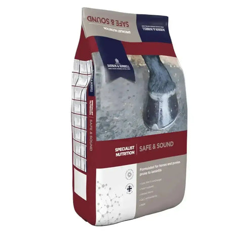 Red and white dodson & horrell safe & sound sound horse feed bag featuring fibre based complete nutrition