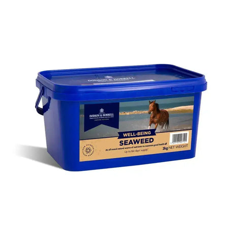 Blue plastic container of dodson & horrell seaweed horse feed all-round natural source for horse well-being