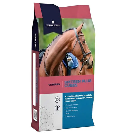 A 20 kg bag of dodson and horrell sixteen plus cubes horse feed with pink and blue packaging and a brown horse for older horses preventing weight loss